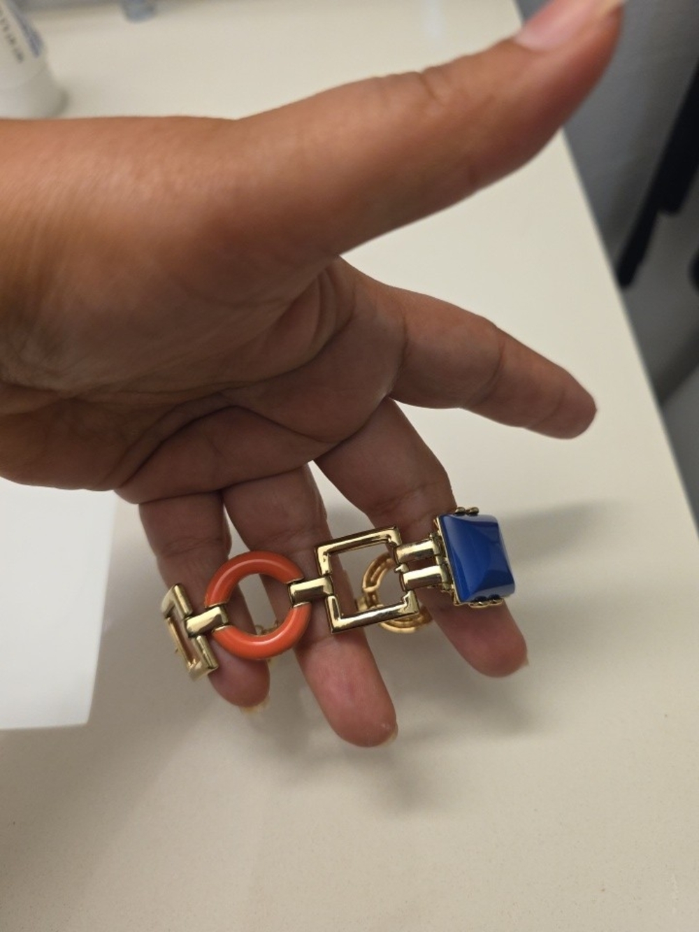 Gold Link Bracelet with Blue Stone and Coral Ring Accent GV9